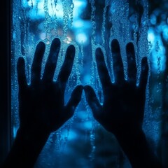 Silhouetted Hands Against Frosted Blue Window