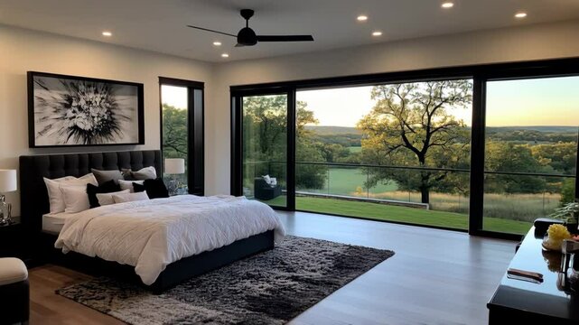 Chambre luxueuse avec baies vitr&eacute;e et vue sur la campagne. Luxurious room with bay windows and countryside views.