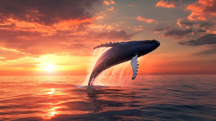 Fototapeta premium Majestic Humpback Whale Breaching at Sunset