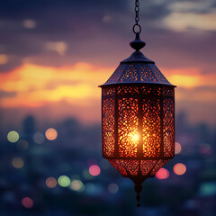 Decorative Arabic Lantern at Sunset with Bokeh Lights in Background 
