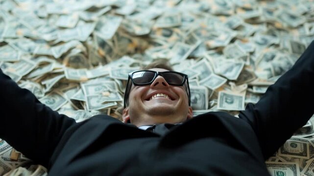 Homme souriant en costume allong&eacute; dans une grande quantit&eacute; de billets. Smiling man in a suit lying in a large quantity of money.