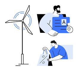 Wind turbine generating power, person holding a product review form, and another with shopping bags and discount signs. Ideal for sustainable energy, smart shopping, consumer reviews, eco-friendly