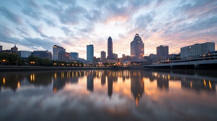 Obraz premium City skyline at sunset reflected in water.