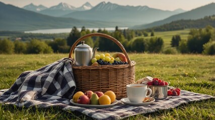 Fototapeta premium Picnic basket on sunny meadow with mountain view