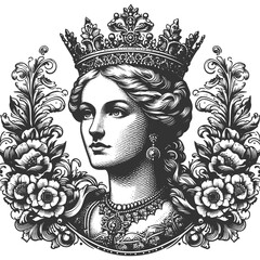 queen wearing a crown, surrounded by ornate floral and decorative patterns sketch engraving generative ai fictional character raster illustration. Scratch board imitation. Black and white image.