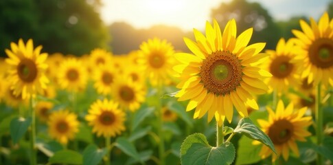 Obraz premium Sunflower field on a warm summer day with sunlight filtering through the tall yellow flowers, nature, flower field