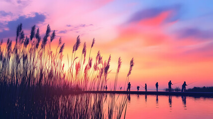 Sunset Serenity: Vibrant Landscape with Fishermen