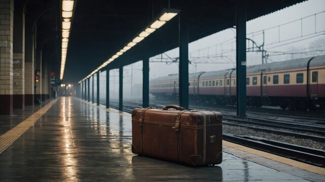 Empty train station platform with luggage during golden hour