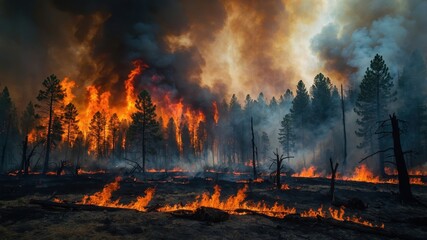 Wildfire spreading across pine forest in dramatic scene