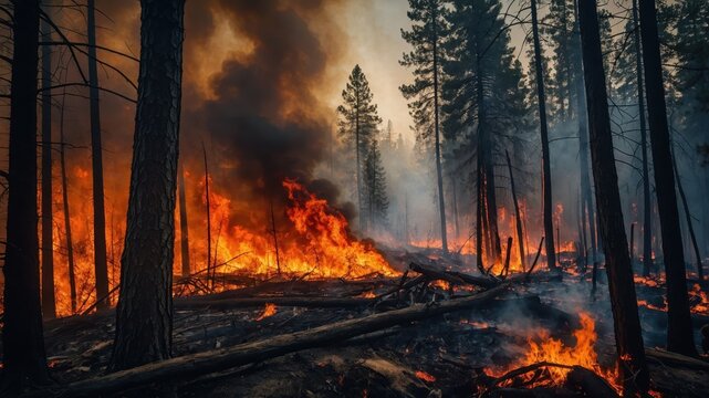 Forest fire raging through pine woodland at sunset