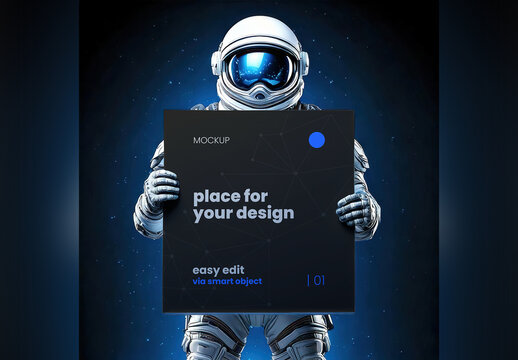 Astronaut in Space Holding Square Poster Mockup