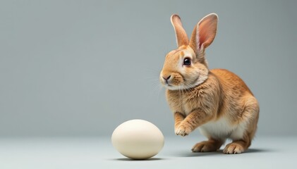 Obraz premium Whiskered rabbit hops onto a gray background with a large egg in front of it, rabbit, egg