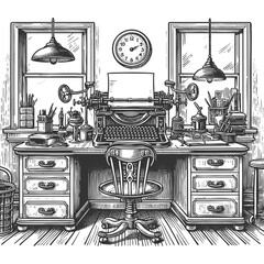 Fototapeta premium vintage writers desk featuring an antique typewriter, desk chair, and creative tools in a classic office setting sketch engraving generative ai raster illustration. Scratch board. Black and white.
