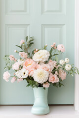 A stunning bouquet of soft pink and white flowers sits gracefully by a light green door