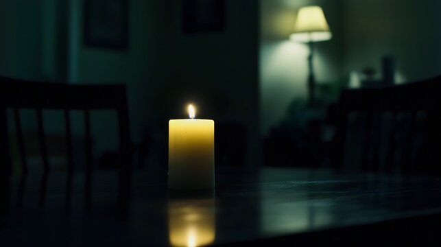 Dark room with faint emergency exit sign glow during power blackout, capturing sudden disruption and eerie stillness with scattered objects faintly visible in dim light.