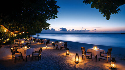 Fototapeta premium Beachfront Restaurant: Romantic Sunset Dinner