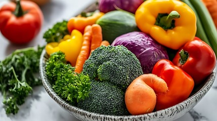 Close Up of Vibrant Vegetables on Stylish Marble Countertop