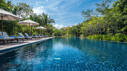 Fototapeta premium Luxurious swimming pool surrounded by tropical greenery and loungers