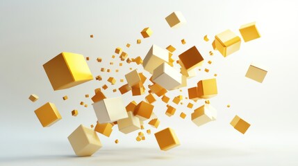 Abstract Golden and Beige Cubes Explosion in 3D Space: A Dynamic Composition of Geometric Shapes