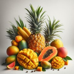 fruits on the table like mango , papaya , lemon apple and more