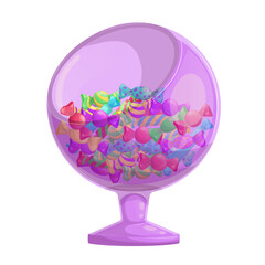 A glass bowl with colorful candies. The concept of sweet foods, desserts, and confectionery. Vector illustration on a white background for a poster, banner, postcard, advertisement.