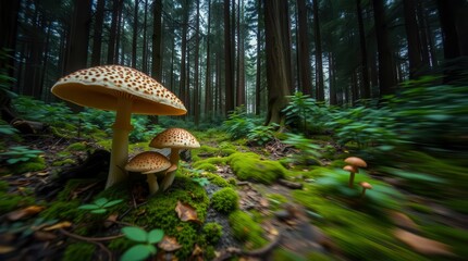 Fototapeta premium A natural woodland with large mushrooms in soft sunlight, showcasing earthy tones, perfect for nature-focused promotions.