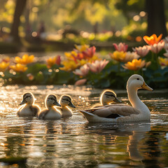 A family of ducks swimming on a lake bordered by colorful lilies