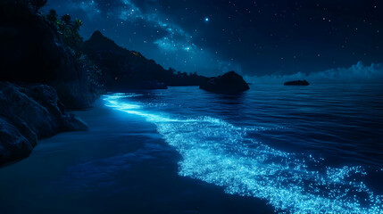 Magical Night Beach: Starry Sky over Bioluminescent Waves