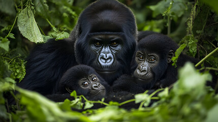 Obraz premium Mountain Gorilla Family in Rainforest Habitat
