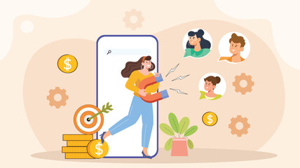 An illustration depicting targeted customer acquisition and lead generation, showcasing a digital marketing strategy with customer personas, ads, and social media platforms