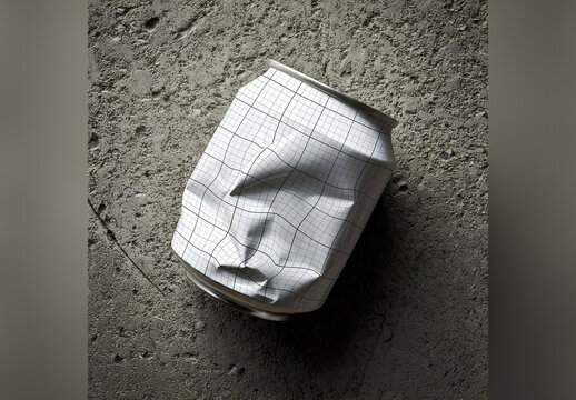 Crushed Small Aluminium Can on Concrete Floor Design Mockup