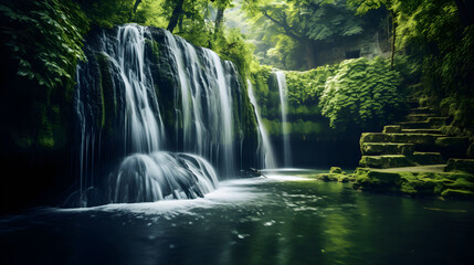 Obraz premium Serene Cascading Waterfalls Surrounded by Lush Greenery and Nature