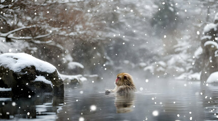Snow Monkey in a Hot Spring: A Serene Winter Scene