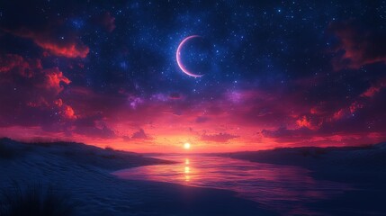 Obraz premium Vibrant sunset and crescent moon over tranquil beach.