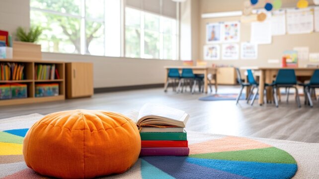 Bright classroom with colorful decor and cozy reading corner for early education