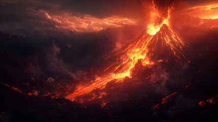 Fiery Volcanic Eruption: A Dramatic Night Landscape