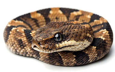 Close-up of a coiled brown and black snake isolated on white background.