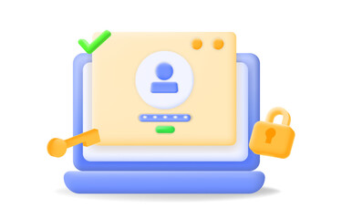 Secure login with laptop illustration with password protection and lock icons. cybersecurity, user authentication, and data privacy content. safeguard online access, 3d illustration
