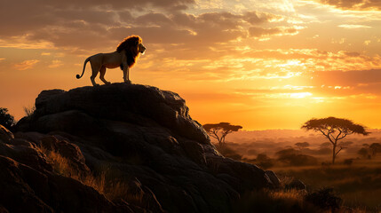 Naklejka premium Majestic Lion at Sunset in the African Savanna