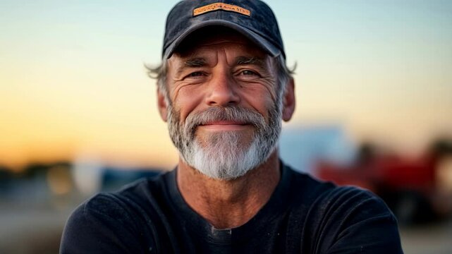Homme barbu souriant avec une casquette et un soleil couchant. Smiling bearded man with cap and setting sun.