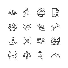 Human Resources, linear style icon set. Tools and processes for managing people and organizations. Recruitment, team building, training, and performance evaluation. Editable stroke width
