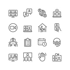 Online Meeting, linear style icon set. Virtual communication tools for collaboration and remote work. Video call, webinar, schedule, and team discussion. Digital workspace. Editable stroke width.