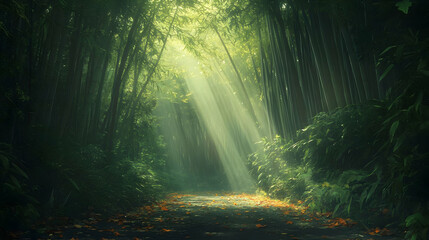Naklejka premium Sunlit Path Through a Bamboo Forest: A Serene Landscape