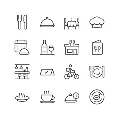 Restaurant and Dining, linear style icon set. Food service and hospitality. Plates, cutlery, chef, menu, and delivery options. Editable stroke width