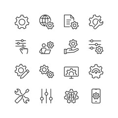 Settings and Configuration, linear style icon set. Tools for adjusting, personalizing, and optimizing systems. Gear, slider, and control panel for user interface and system settings. Editable stroke w