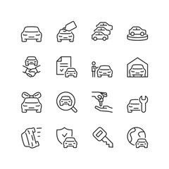 Car Sale and Dealership, linear style icon set. Buying, selling, and maintaining vehicles. Cars, key, contract, and auto service. Editable stroke width
