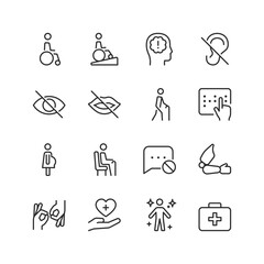 Disability and Accessibility, linear style icon set. Support for people with disabilities. Mobility aid, braille, hearing, and visual assistance. Equal opportunities and care. Editable stroke width.