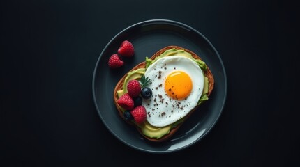 A vibrant breakfast toast topped with avocado slices, a sunny-side-up egg, blueberries, and strawberries, served on a white plate