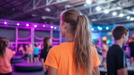 Group of young people in a vibrant indoor activity space.
