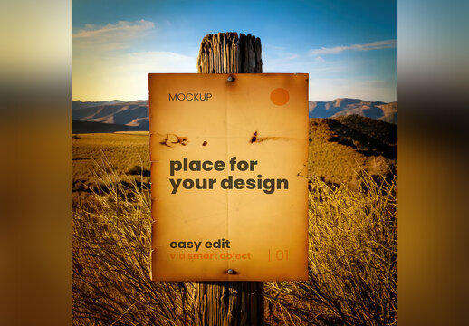 Old Vintage Wanted Poster Nailed to Post Mockup